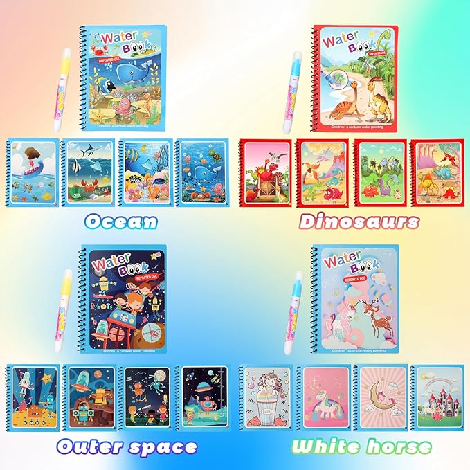 XBagSJ 8 Pack Reusable Water Coloring Books for Toddlers, Paint with Water Books,Mess-Free Coloring Book, Portable Educational Doodle Drawing Toy, Improving Children's Imagination, Color Perception