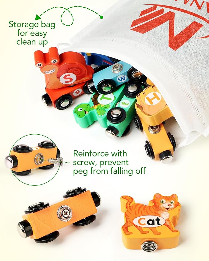 Vanmor Wooden Train Set for Toddlers - Snap-Connection Animal Trains, Magnetic Alphabet Train Learning Toys, STEM Preschool Toys, ABC and Animal Play Set for Kids Ages 3-5