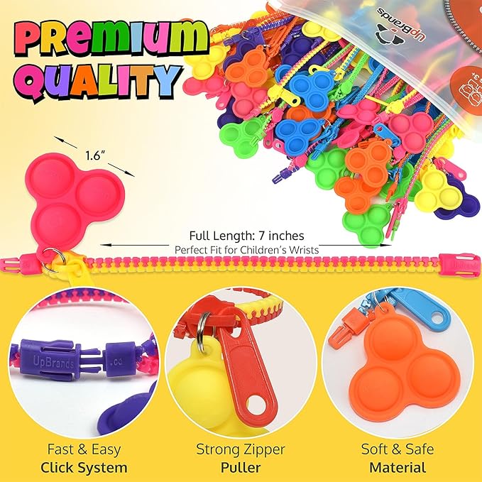 UpBrands 72 Fidget Party Favors for Kids Upgraded Zipper Pop-it Bracelets, ADHD Fidget Toys Poppers, Gifts for Kids Bulk Kit for Birthday Party, Easter Egg & Pinata Fillers