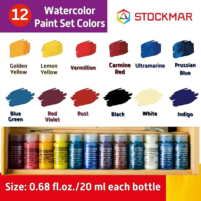 Stockmar Complete Watercolor Paint Set - 12 Colors, in Wooden Storage Box, Includes 2 Natural Brushes, 6 Containers, Cloth, Palette, Sponge, Waldorf Art Supplies