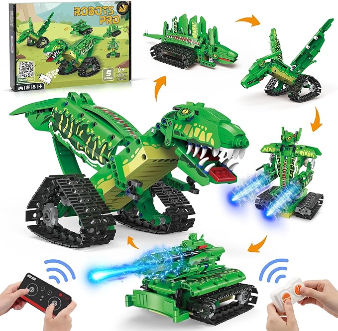 RC Robot Building Set - 5 in1 T. rex Toy with APP or Remote Control, DIY Engineering Robotics/Mech Dinosaur/Dragon Warrior/Pterosaur/Stegosaurus STEM Birthday Gifts for Kids 6-12 Years Old