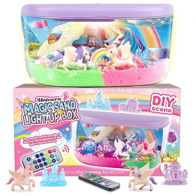 Unicorn Terrarium Kit Gifts for Kids - DIY Night Light Up with Remote - Unicorn Toys for Girls Ages 4 5 6 7 8 9 10 11 12 + Year Old Fun Easter Birthday Sand Arts and Crafts for Kids