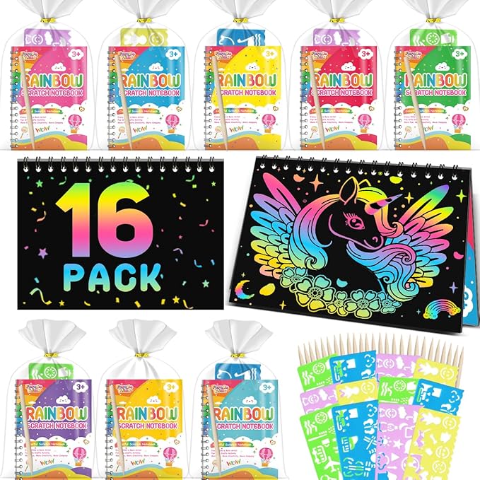 Kids Art Party Favors Gifts: 16 Pack Rainbow Scratch Art Notebook Paper Birthday Party Favor Toy Girls Boys Art Craft Kit Bulk Classroom Goodie Bags Gift Stocking Stuffers Halloween
