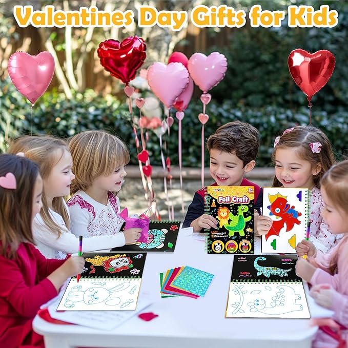 Foil Art Craft Activity for Kids: Fun DIY Toy Sticker Kit, No Mess Creative Travel Supply Set, Idea Birthday Easter Basket Stuffers Valentines Gift for Girl Boy Toddler 4 5 6 7 8 9 Year Old (Dinosaur)