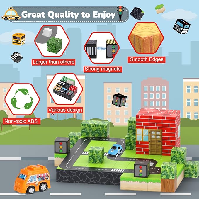 Magnetic Blocks 110PCS with 5 Car Toys, City Building Blocks Set, Toys for Boys & Girls Age 4-6, 6-8, Stacking Building Toys for Toddlers Sensory Toy for Kids 3+