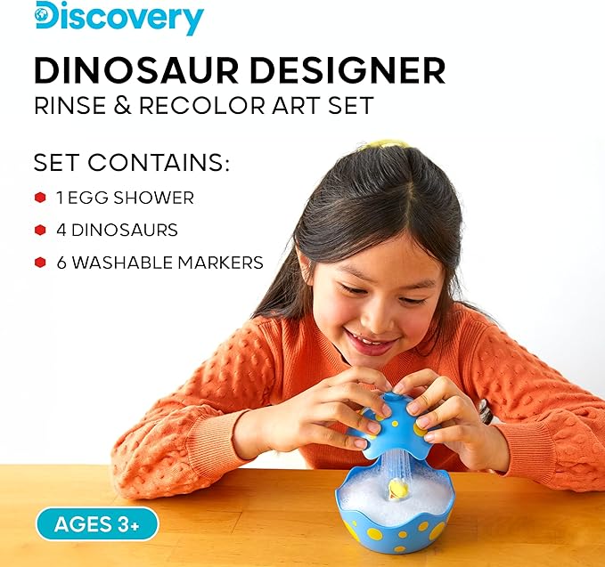 DISCOVERY KIDS Dinosaur Crafts Painting Kit, Dinosaur Designer Rinse & Recolor Art Set - Dino Arts & Crafts for Kids Includes 4 Dinos, 1 Egg Shower & 6 Washable Markers, 11-Piece Color & Wash Activity