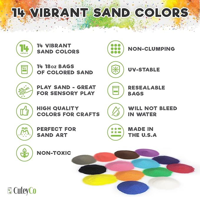 CuteyCo Crafty Sand Pack - 14 Colors: 15 lbs of Vibrant Craft Sand & Play Sand