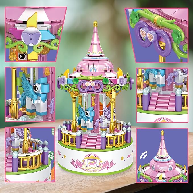 Contixo Building STEM Toys - BK02 488 PCS Carousel Music Boxes, Horse Rotating Building Blocks, Kids Building Toys for Girls Boys, Birthday Gifts for Adults, Daughter Christmas Festival Music Box