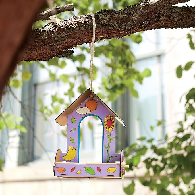 Creativity for Kids Build and Paint Bird Feeder Wood Craft Kit - DIY Bird House Kit for Children, Outdoor Activities for Kids Age 6+,Yellow,orange,blue,white,green,violet