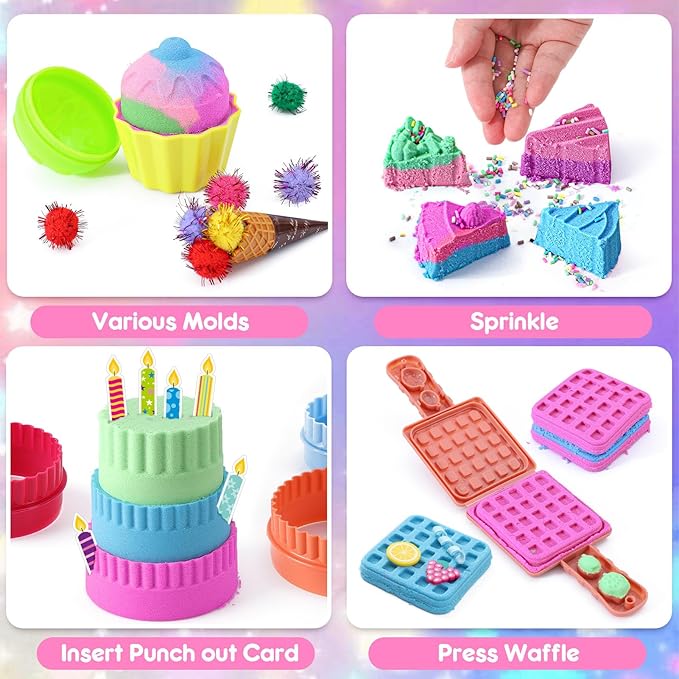 G.C Ice Cream Sensory Bin for Girl Kid Toy, 108pcs Play Sand Art Kit with Sandbox/2lb Color Sand/Cake Molds/Plastic Dessert, Sensory Toy Christmas Birthday Gift for Girl Toddler Ages 3 4 5 6 7 8