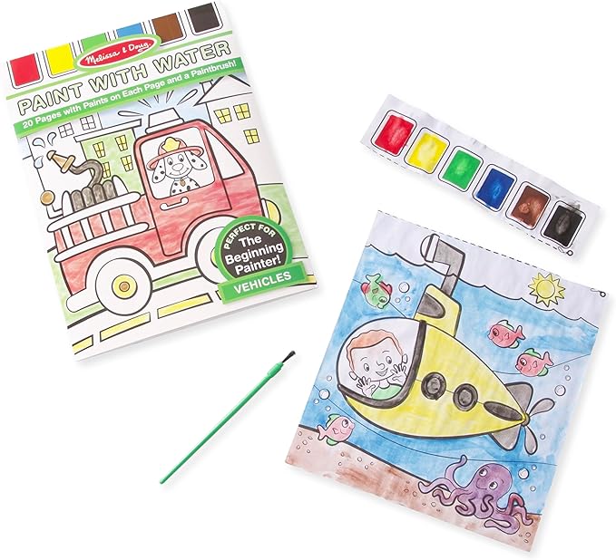 Melissa & Doug Paint With Water - Vehicles, 20 Perforated Pages With Spillproof Palettes