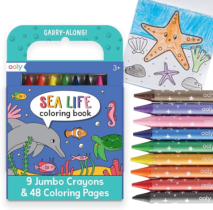 Ooly Travel Art Kit with 9 Jumbo Crayons & 48 Themed Coloring Pages & Case for Easy Traveling Art Creation, Perfect Airplane Travel Set to Entertain Kids - Sea Life