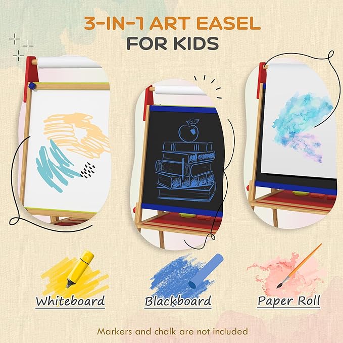 Qaba Easel for Kids, 3 in 1 Kids Art Easel with Paper Roll, Whiteboard, Chalkboard, Double Sided & Adjustable Height Wooden Toddler Easel with Painting Accessories, for Kids 3-8 Years, Nature Wood