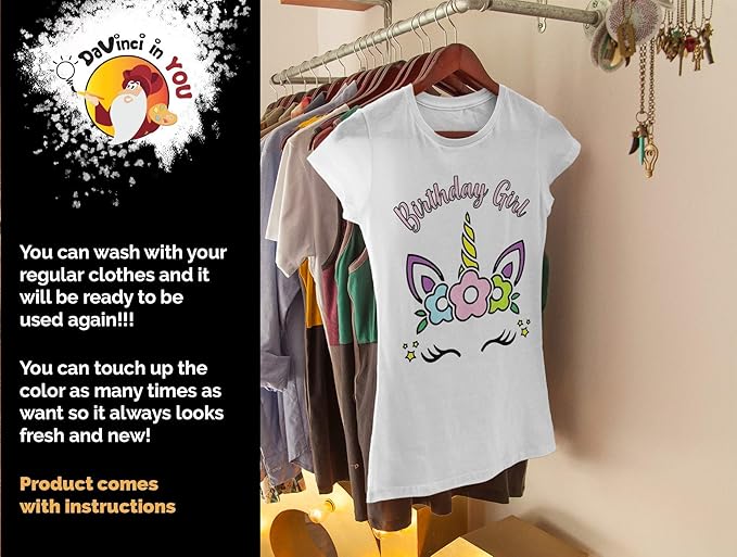 Coloring Shirt for Girls - Kit with 10 Fabric Markers and Alphabet Stencil (Birthday Unicorn, 8/9)