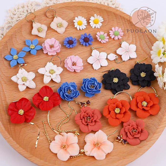 Puocaon Petal Polymer Clay Cutters - 20 Pcs Petal Clay Cutters for Polymer Clay Earrings, 30 Pcs Pistil Brass Charms 4 Petal Texture Clay Molds for Polymer Clay Jewelry, Flower Clay Jewelry Supplies