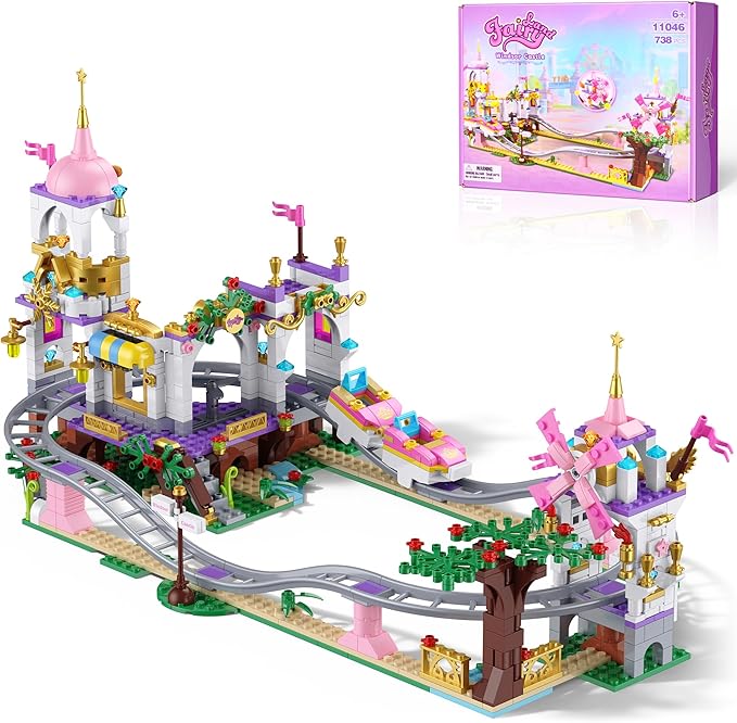 Castle Roller Coaster Building Set – 738Pcs STEM Amusement Park Construction Kit for Kids, Creative Pink Playground Blocks Birthday for Girls Boys Ages 6-12