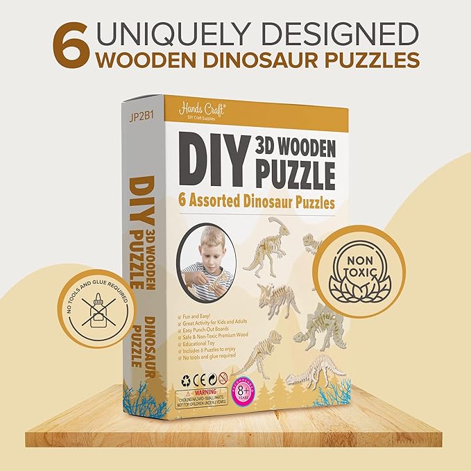Hands Craft DIY 3D Wooden Puzzle – 6 Assorted Dinosaur Bundle Pack Set Brain Teaser Puzzles Educational STEM Toy Adults and Kids to Build Safe and Non-Toxic Easy Punch Out Premium Wood JP2B1