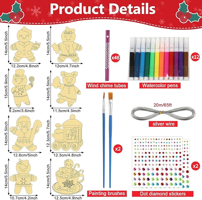 gisgfim 16 Pack Christmas Gingerbread Man Wind Chime Kits Crafts for Kids Make Your Own Wind Chime Wooden DIY Coloring Art Craft for Xmas Party School Classroom Decorations Supplies Birthday Favors