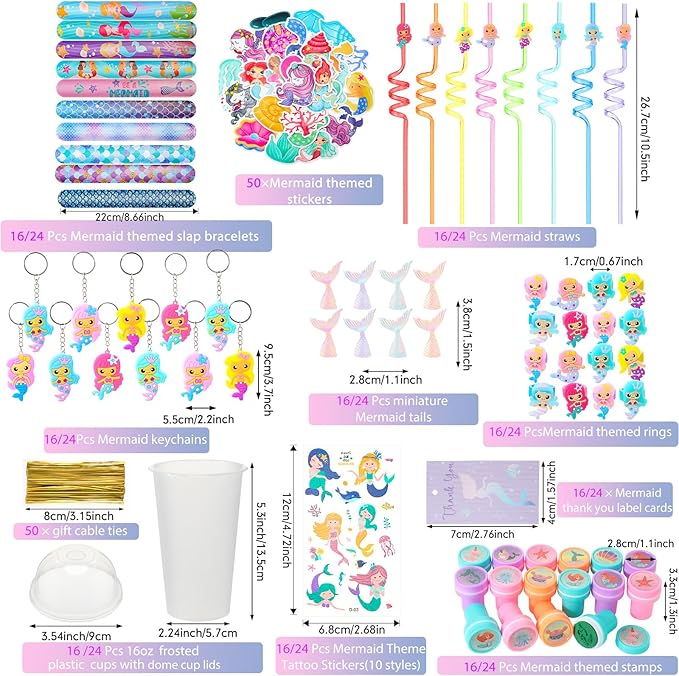 Qilery 195 Pcs Mermaid Party Unicorn Party Dinosaur Party Shark Party Favors Includes Plastic Cup with Lid Straw Keychain Bracelet Ring Stamper Stickers Tag For Party Favors Piñata Filling (Mermaid)