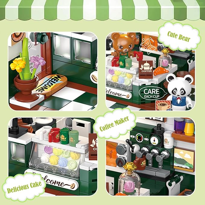 Friends House Building Block Set, Bear Cafe Shop Business City View Small Brick Model, Mini Construction Toy, Hobbies Christmas Birthday Gift for Teens Children Kids Boys Girls 6+, 527pcs