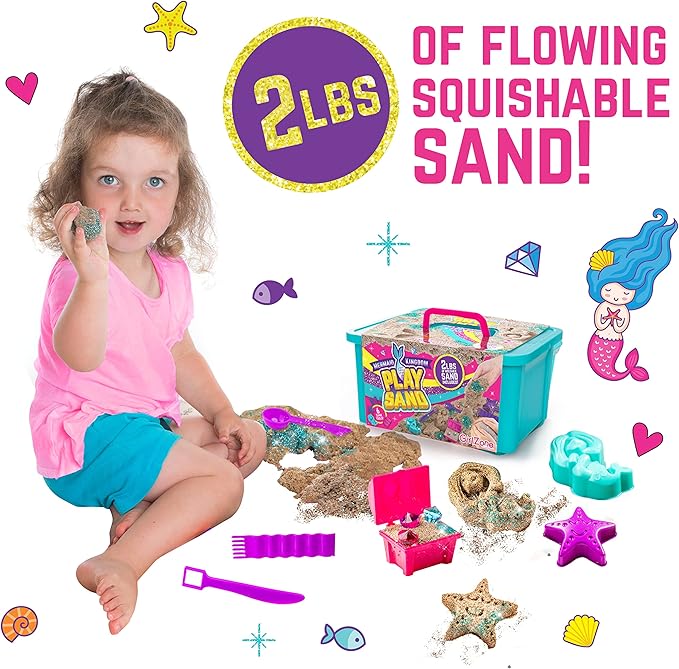 GirlZone Mermaid Sensory Sand Kit, 2lbs Moldable Play Sand for Kids Aged 3+, Magic Sand with Gems, Tools & Portable Treasure Chest, Kids Toys for Playdates, Party Games & Gifting