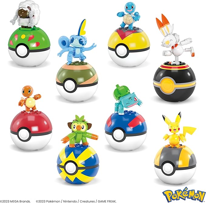 Mega Pokemon Trainer Starter Pack 8 Pokeballs with Characters, 191 Building Blocks, Includes Bulbasaur, Charmander, Squirtle and Pikachu Among Others, Toy +6 Years (HTJ75)