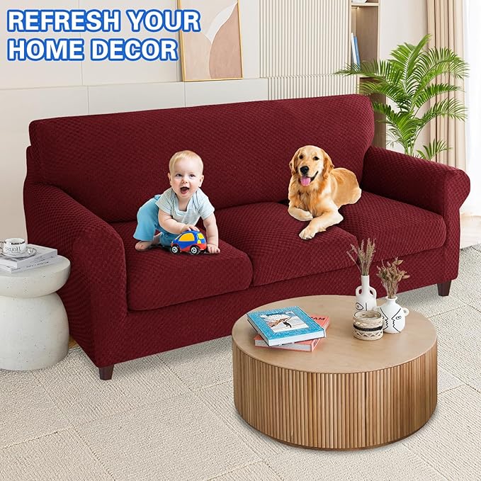 MAXIJIN 4 Piece Couch Covers for 3 Cushion Couch Super Stretch Non Slip Couch Cover for Dogs Pet Friendly Elastic Jacquard Furniture Protector Sofa Slipcovers (Sofa, Wine Red)