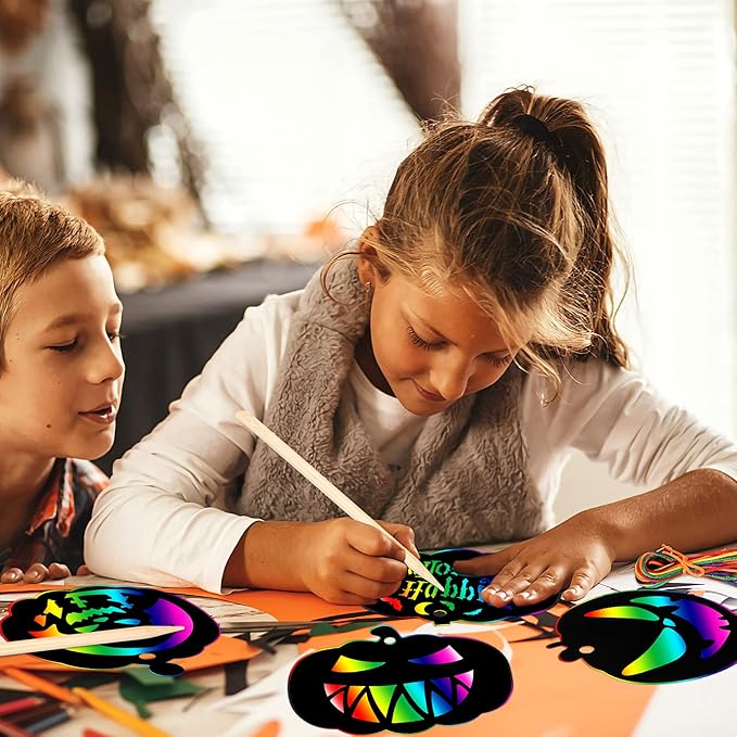 JULMELON 48 Pieces Halloween Scratch Paper Crafts Kit Bulk of Halloween Pumpkins Magic Rainbow Scratch Art for Kids DIY Party Ornaments Halloween Decor with 6 Pcs Halloween Pumpkins Stencils