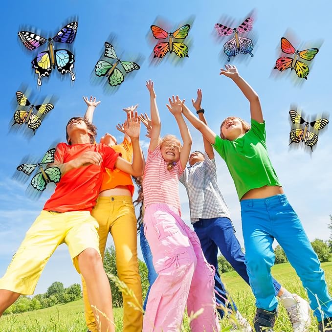 SANYIYIBA 12 Pcs Flying Butterfly Toy Magic White Painting Butterflies Wind Up Butterflies Toys Painted Craft Card Set Gift for Kids on Birthday Wedding Party