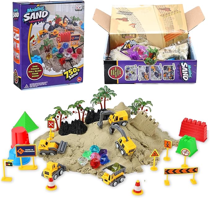 Eaistose Play Construction Sand Sets, Sensory Bin Toy with 1.65lbs Magic Sand, 5 Construction Vehicles,9 Road Signs and 8 Molds, 2 Tools,Sand Box Toys for 3 4 5 6 7 8 Years Old Boys Kids…