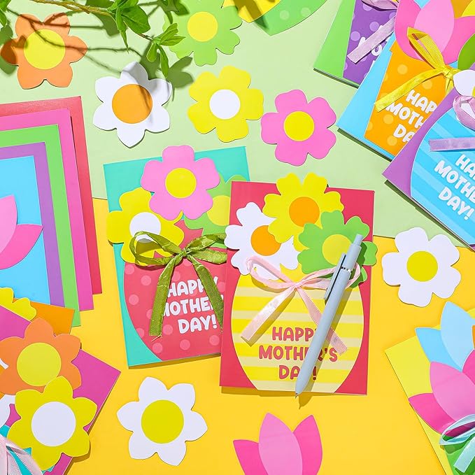 Geyee 16 Sets Mother's Day Greeting Card Kit for Kids Flower Pots Card Making Kit with Ribbon Happy Mothers Day DIY Art and Craft Projects Gifts for Kids Classroom Game Home Activities