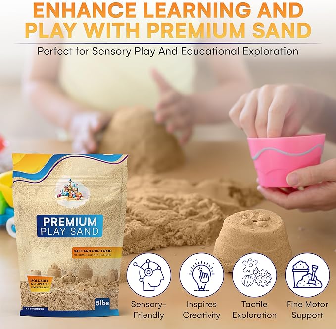 Natural 5 lbs Moldable Sand Refill Pack - Self-Sticking Magnetic Sand for Kids Sand Box Toys - Indoor Play Sand Bulk for Sensory Play Bin, and Sandbox - 5 Pounds Premium Play Sand with Resealable Bag