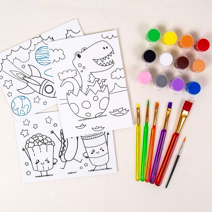 Horizon Group USA Pre-Printed Canvas & Paint Art Set. Ready to Paint 5" x 7" Canvas Panels, 12 Tempera Paints, 6 Easy-Grip Assorted Paintbrushes Included. Dino, Space & Food.