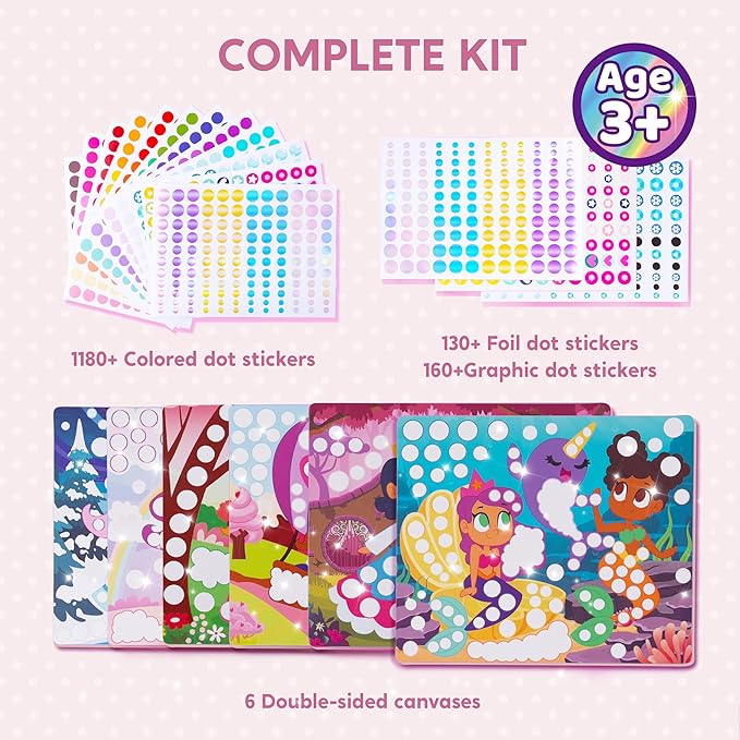 Klever Kits Dot Art Kit for Kids, No Mess Sticker for Toddlers 3-7, Craft Kits, DIY Creative Activity, Travel Toy, Birthday for Boys Girls (Unicorns & Princess)
