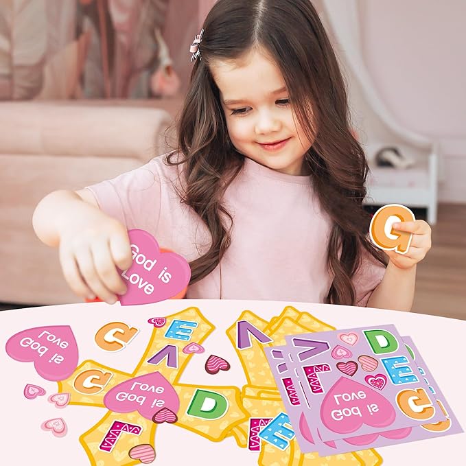 Haooryx Valentine's DIY Craft Kit - 28 Pack Valentine’s Day God is Love Cross Craft Kit Make Your Own Thankful Cross Hanging Ornament Religious Sunday School Church Christian Party Fun Activities