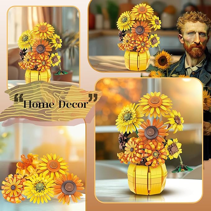Sunflower Building Set Flowers with Vase Van Gogh Botanical Collection for Adult -1009pcs Compatible with Lego