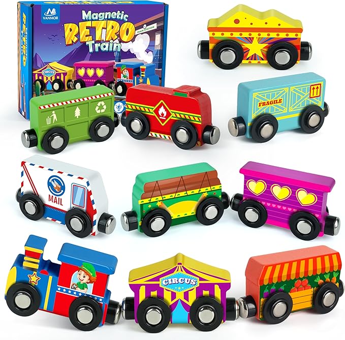 Vanmor Wooden Magnetic Train Set for Toddlers,10-Piece Educational Toy Cars with Magnets, Includes Storage Bag, Skill-Building Wooden Trains for Boys & Girls, for Kids 3-5 and 4-8 Years