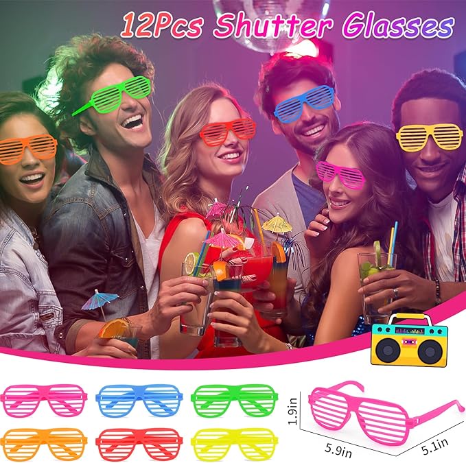 Winrayk 84Pcs 80s 90s Party Favors Birthday Supplies Shutter Glasses Gift Box Glove Necklace Hair Tie Glow Sticker Slap Bracelet Keychain Adult Teen Kid Retro Hip Hop 80s 90s Party Supplies Decoration