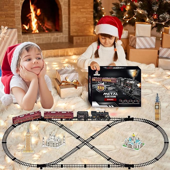 Electric Train Sets for Kids Metal Alloy Christmas Train Toys Steam Locomotive, Glowing Passenger Carriages, Luxury Tracks, Light & Sounds Rechargeable Birthday Gifts for Boys Girls Red …