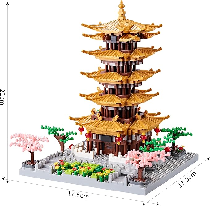 Chinese Ancient Famous Architecture Micro Building Blocks Set for Adults Yellow Crane Tower with Sakura Tree Cherry Plants, Toys for Kids Age of 14+ 2200 pcs