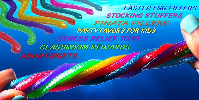 UpBrands 24 Stretchy Snakes Toys 6 Inches Bulk Set, 8 Glitter Colors, Kit for Birthday Party Favors for Kids, Goodie Bags, Easter Egg Basket Stuffers, Pinata Filler, Small Classroom Prizes