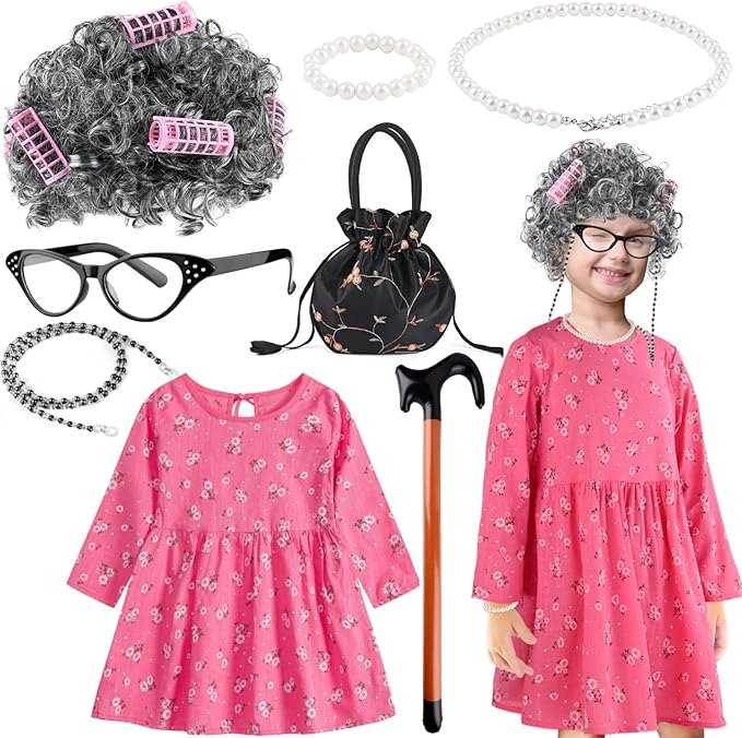 Old Lady Costume Kit Include Wig Floral Skirt Bucket Bag Glasses&Chain Cane for Halloween Granny Cosplay
