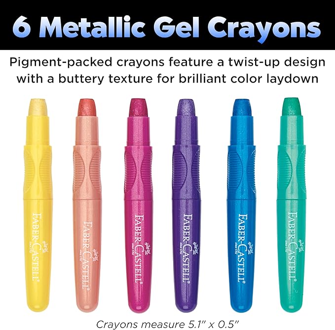Faber-Castell Metallic Gel Crayons: 6 Vibrant Gel Crayons in Durable Storage Case: Twistable Crayons for Toddler Coloring, Kids Drawing and Arts and Crafts for Ages 3-4+
