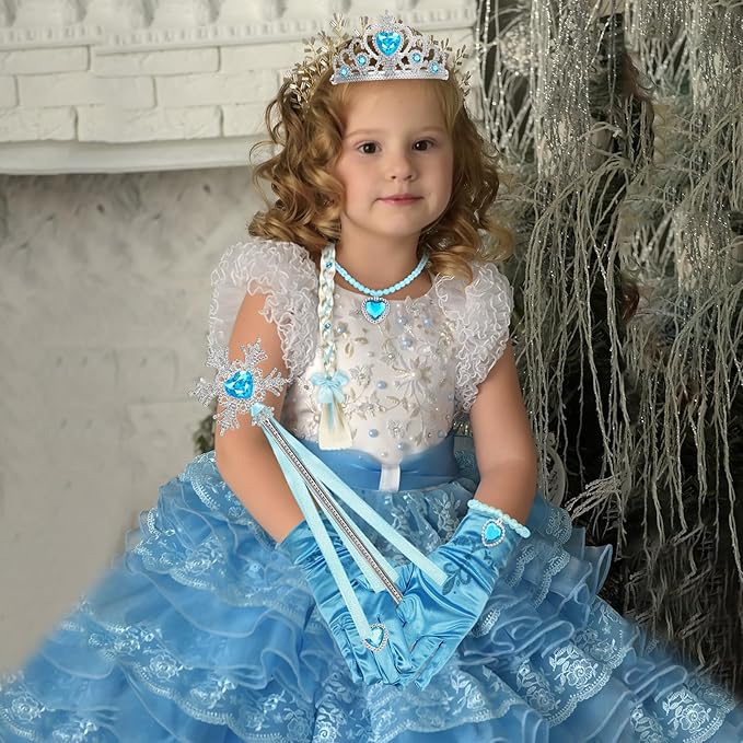 Lyrow 8 Pcs Princess Dress up Party Accessories Include Dress up Jewelry Princess Wand Princess Gloves Fake Crown Wig Ring Necklace Bracelet Earring for Girls Cosplay Costume Christmas Holiday Party