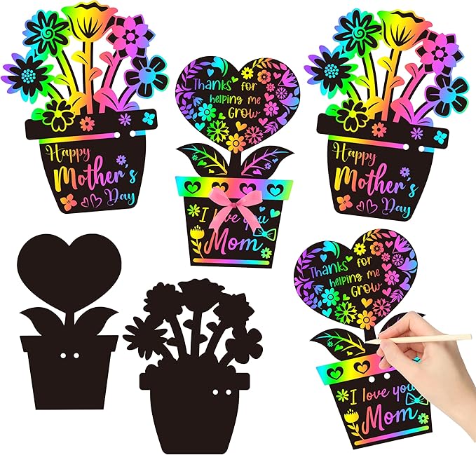 BeYumi Flower Scratch Cards Craft - 60Pcs Valentine’s Day Flower Scratch Cards Craft Kit for Kids DIY Flower Pot Heart Magic Rainbow Color Craft Valentine Gift School Classroom Home Fun Activities