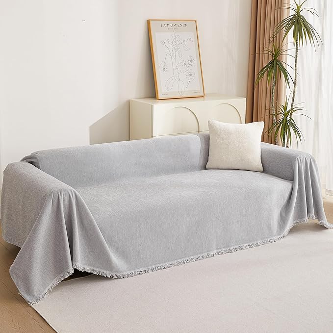 MYSKY HOME Sofa Cover for Dogs Washable for Loveseat Boho Couch Cover Cover for Sofa Couch Cover Blanket Couch Cover Thick Durable Tassel Water Resistant Furniture Protector, 71"x 118", Light Gery