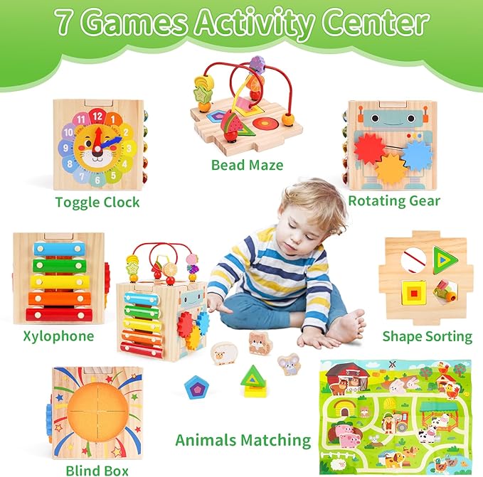 Toddler Wooden Activity Cube Toys, Montessori Toys for 1 2 3 Year Old Boy Girl, Educational Learning Toys for Toddlers 1-3 2-4 Years, Sensory Infant Toys First 1st 2st one two Christmas Birthday Gifts