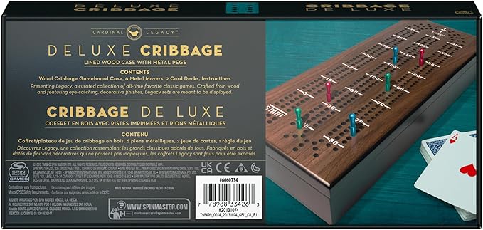Spin Master Games Legacy Deluxe Cribbage Classic Game with Lined Wooden Case and Colored Metal Movers, Family Game for 2 to 4 Players Ages 8 and up