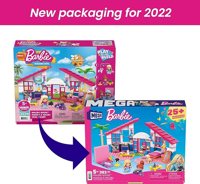 MEGA Construx Barbie Kids Building Toy Set, Malibu House with 303 Pieces, 2 Micro-Dolls, Furniture and Accessories, Ages 5+ Years