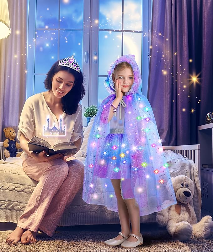 Princess Dress Up for Girls, Light up Princess Cape Princess Dress Costume Crown Wand Gifts for Toddler Girls 3 4 5 6